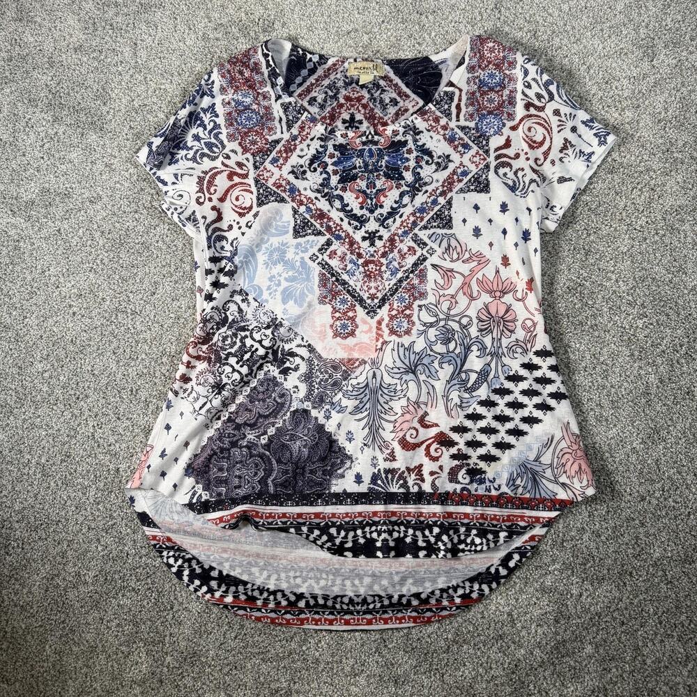 One World Blouse L Patchwork Print Boho Eclectic Artsy Maximalist Festival Folk